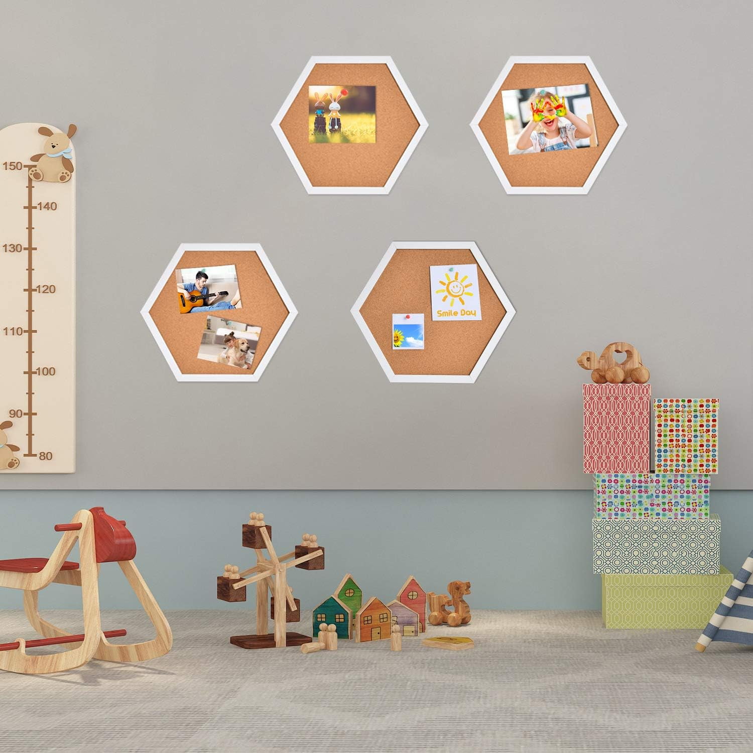 Cork Bulletin Board Hexagon 4 Pack, Small Framed Corkboard Tiles for Wall, Thick Decorative Display Boards for Home Office Decor, School Message Board with 16 Push Pin Wood Clips