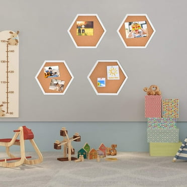 Cork Bulletin Board Hexagon 4 Pack, Small Framed Corkboard Tiles for Wall, Thick Decorative Display Boards for Home Office Decor, School Message Board with 16 Push Pin Wood Clips
