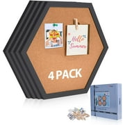 Cork Bulletin Board Hexagon 4 Pack, Small Framed Cork board for Wall, Thick Decorative Display Boards for Home Office Decor, School Message Board with 16 Push Pin Wood Clips