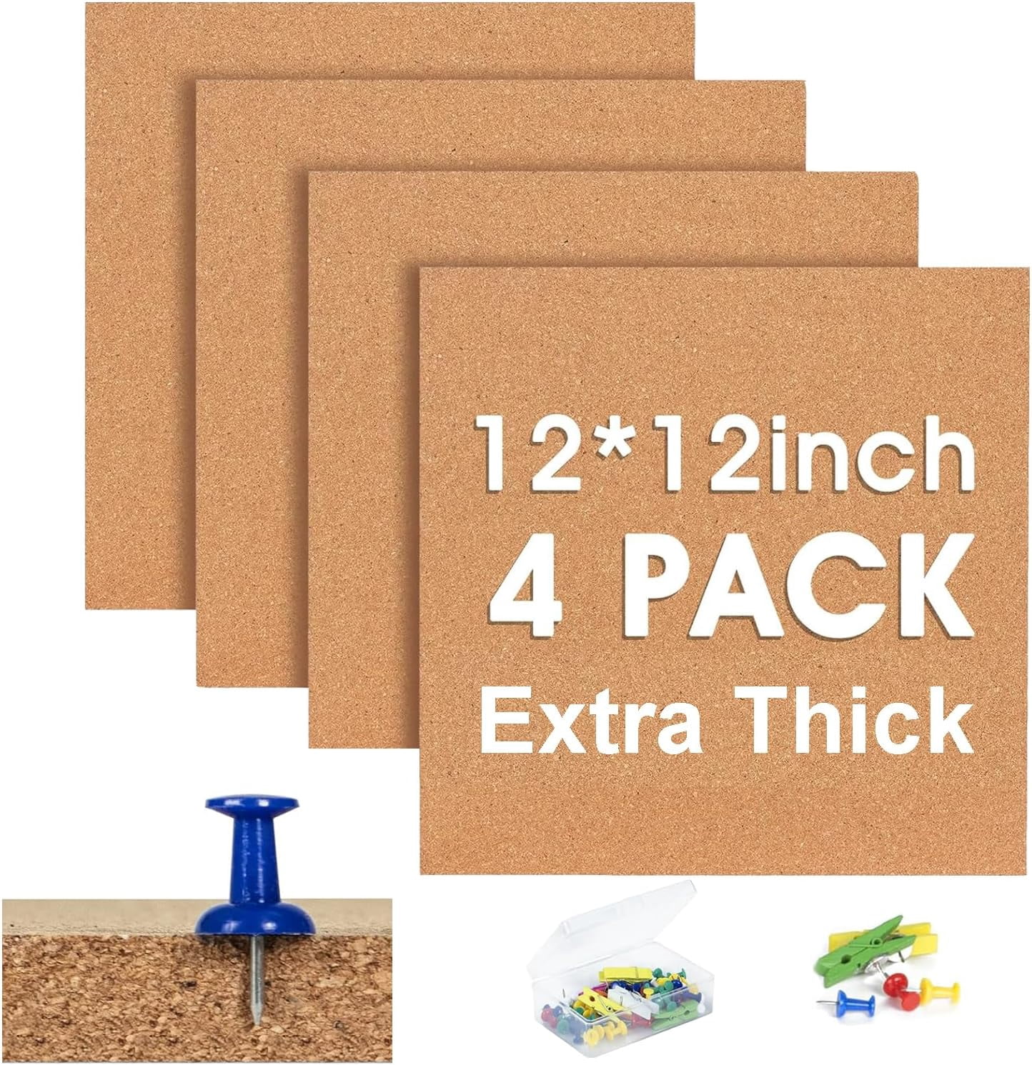 Cork Bulletin Square Board for Walls - 4 Pack Extra Thick 12x12 Inches Cork Board Tiles for Home Office Decor, Cork Sheet,School Message Board Decorative Display Boards