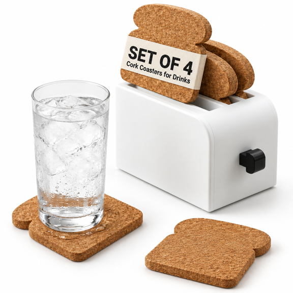 Cork Coaster Set of 4 Toast-Shaped Absorbent Heat-Resistant Drink Holders