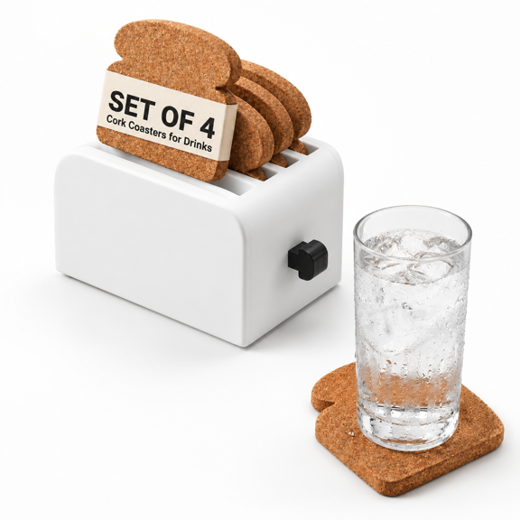 Cork Coaster Set of 4, Toast-Shaped Absorbent Heat-Resistant Drink Holders