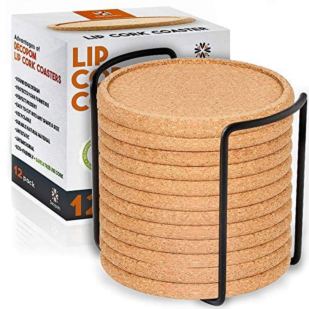 Rustic Cork Coasters with Lip for Drinks, 4 inch, Set of 12