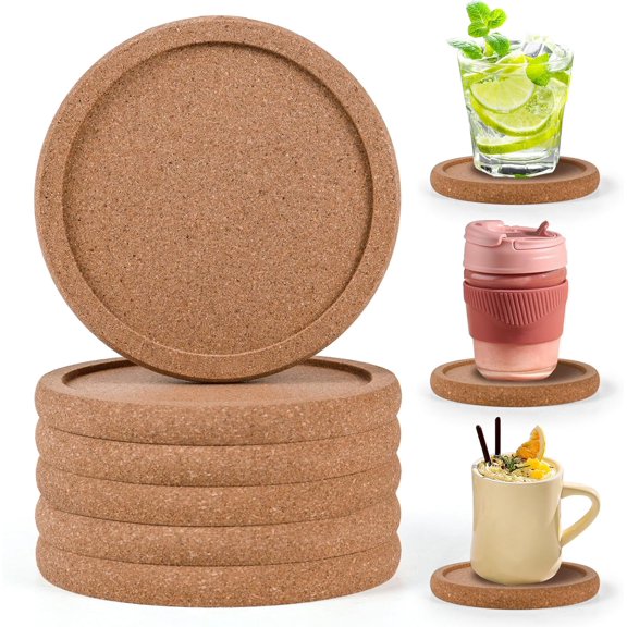 Cork Coasters for Drinks Set of 6, Absorbent Round with Lip, Heat Resistant and Table Protective, 4'' Diameter Suitable Most Cups, Perfect Home & Office, Housewarming Gift