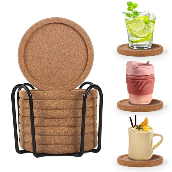Cork Coasters for Drinks Set of 8 with Holder, 4 Inch Round Cork Coasters with Raised Lip, Absorbent Cup Pads for Mugs Glasses Home Office Tabletop Use