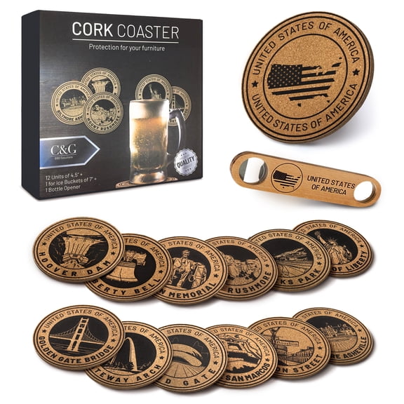 Cork Coasters Set | 14 Pieces with Iconic USA Landmark Printings by Grillnovations. Includes 7" Ice Bucket Coaster and a Practical Bottle Opener | Perfect Bar Accessory and Decor