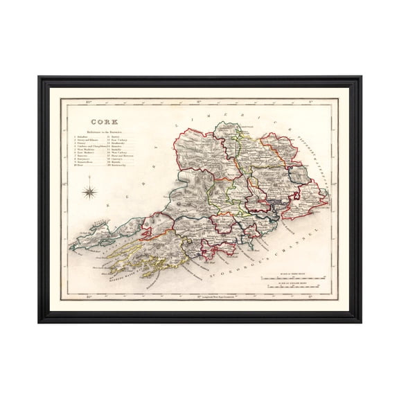 Cork County Ireland Ireland Art, 1846 Vintage Map of Cork County Ireland Ireland History Wall Decor Gift, Old Cork County Ireland Map - 24" x 18" Black Framed Print