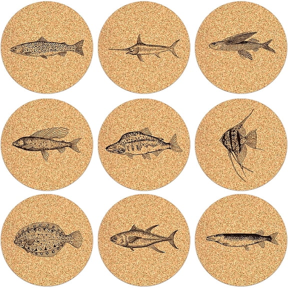 Cork Cup Mats Set Printed Coasters Flat Round Peru Fish Pattern 100x5mm 9pcs/set