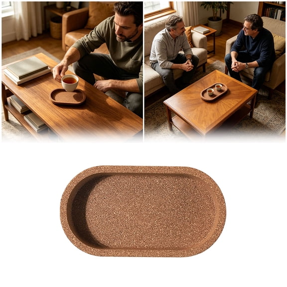 Cork Cup Tray With Raised Edge Oval Cork Desk Organizer Absorbent Condensation Drip Tray For Home Office(Brown-10X18Cm)