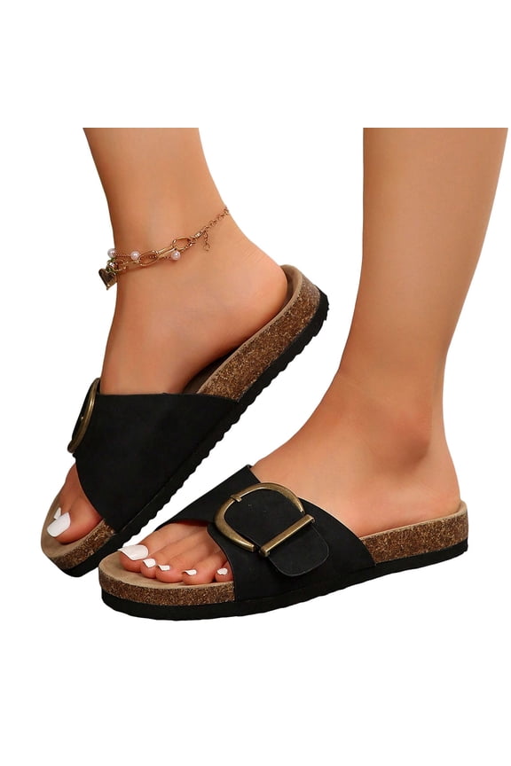 Cork Flats Slides Sandals for Women 2025 Summer Beach Fashion Buckle Memory Foam Slip on Slippers