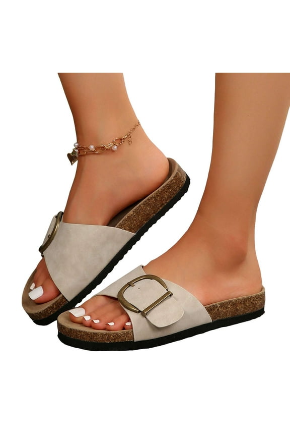 Cork Flats Slides Sandals for Women 2025 Summer Beach Fashion Buckle Memory Foam Slip on Slippers