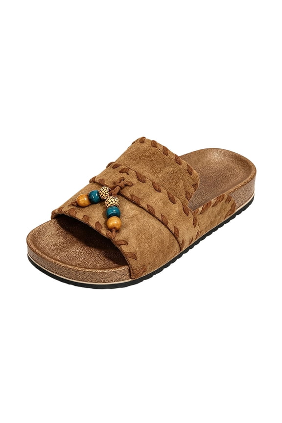 Cork Footbed Flat Sandals for Women Open Toe Leopard Print Slip on Loafers Fashion Suede Beaded Tassle Handmade Slides Yellow Size 7