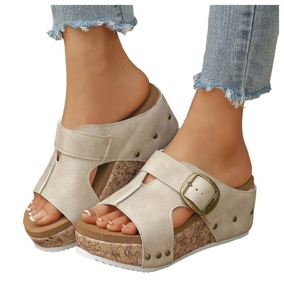 Cork Footbed Platform Wedges Slides Sandals for Women 2025 Fashion Buckle Studded Chunky Heeled Dress Slip on