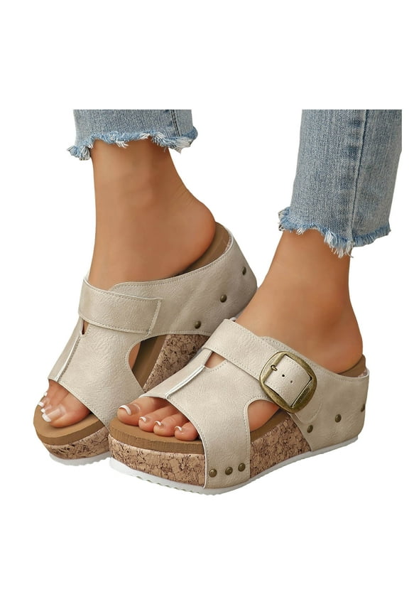 Cork Footbed Platform Wedges Slides Sandals for Women 2025 Fashion Buckle Studded Chunky Heeled Dress Slip on