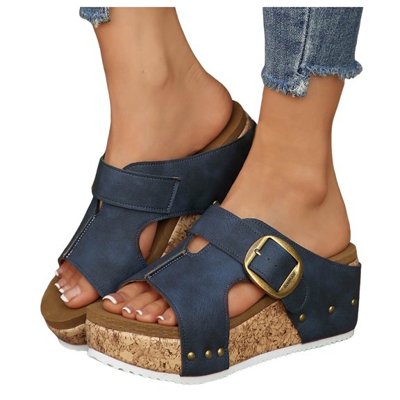 Cork Footbed Platform Wedges Slides Sandals for Women 2025 Fashion Buckle Studded Chunky Heeled Dress Slip on