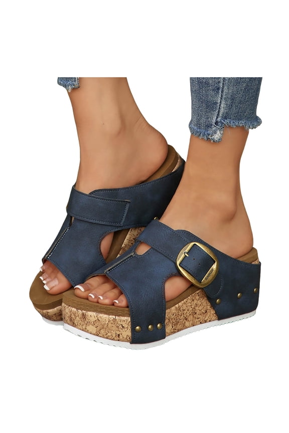 Cork Footbed Platform Wedges Slides Sandals for Women 2025 Fashion Buckle Studded Chunky Heeled Dress Slip on