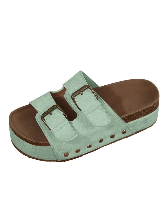 Cork Footbed Slide Sandals for Women, Comfortable Adjustable Buckle on Platform Slippers With Arch Support for Summer
