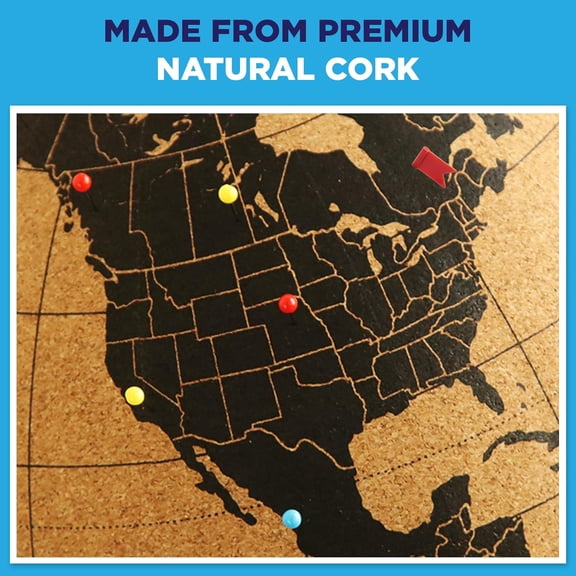 Cork Globe with Push Pins - 9.4 Globe with Map of the World and Rotating Stand for Children or Adults, 100 Metallic and 100 Colored Push Pins - World Map for Home, Office, Classroom, Travel, Kids