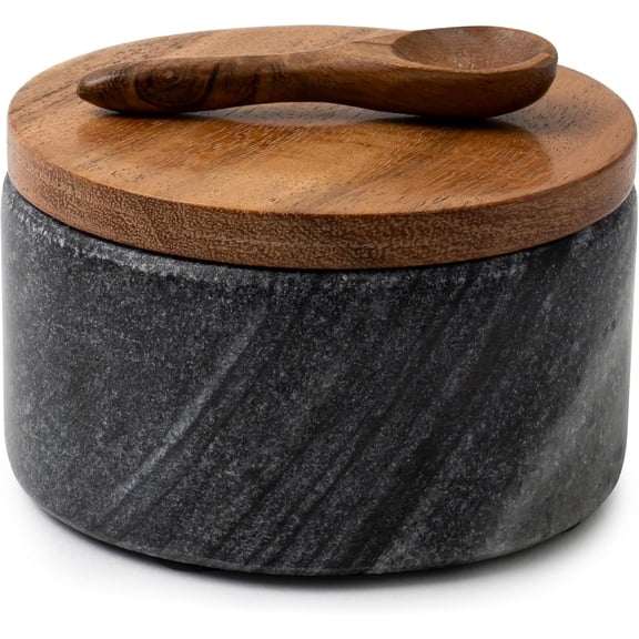 Cork & Mill Grey Marble Salt Cellar with Acacia Wood Lid and Spoon - Elegant Modern Salt Container for Countertop - Handcrafted Pepper Pot - Wide 4” Pepper Holder with Non-Skid Feet