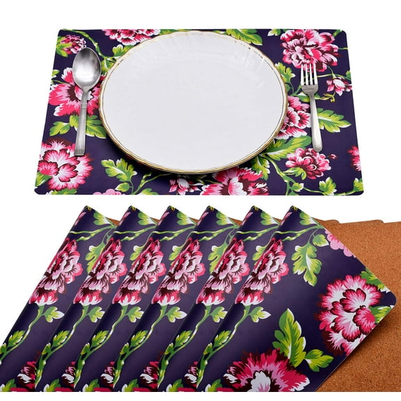 Cork Placemats Set of 12 for Dining Table, Table Placemats - Navy Blue Floral - Home Decor