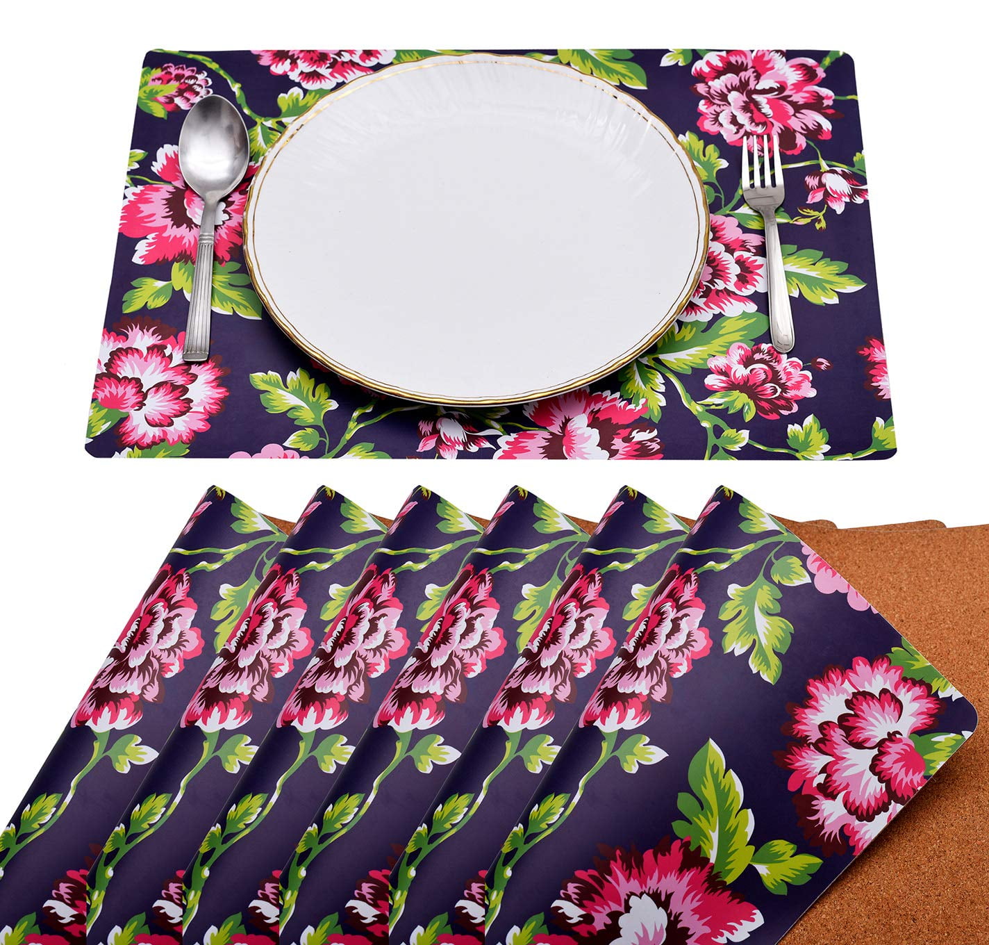 Cork Placemats Set of 4 for Dining Table, Table Placemats Navy Blue Floral Home Decor