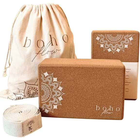 Cork Yoga Block Set  2 Pack with Strap & Canvas Bag | Luxury Portuguese Yoga Blocks 9x6x3 | Heavy-Duty, Non-Slip Support | Eco-Friendly, Plastic-Free Materials