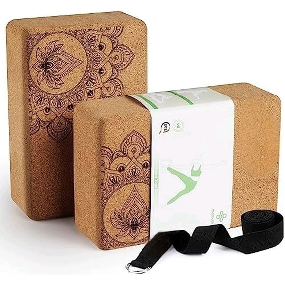 Cork Yoga Blocks 2 pack with 8ft Strap Natural Cork Bricks- High Density & Eco Friendly Yoga Accessories for Women - Ideal for Yoga Pilates General Fitness and Stretching 9x6x3''