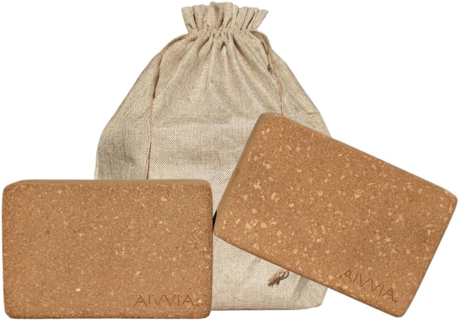 AIVVIA Cork Yoga Blocks (2-Pack) - Extra Firm, Non-Slip, 4x6x9 Inches With Linen Bag