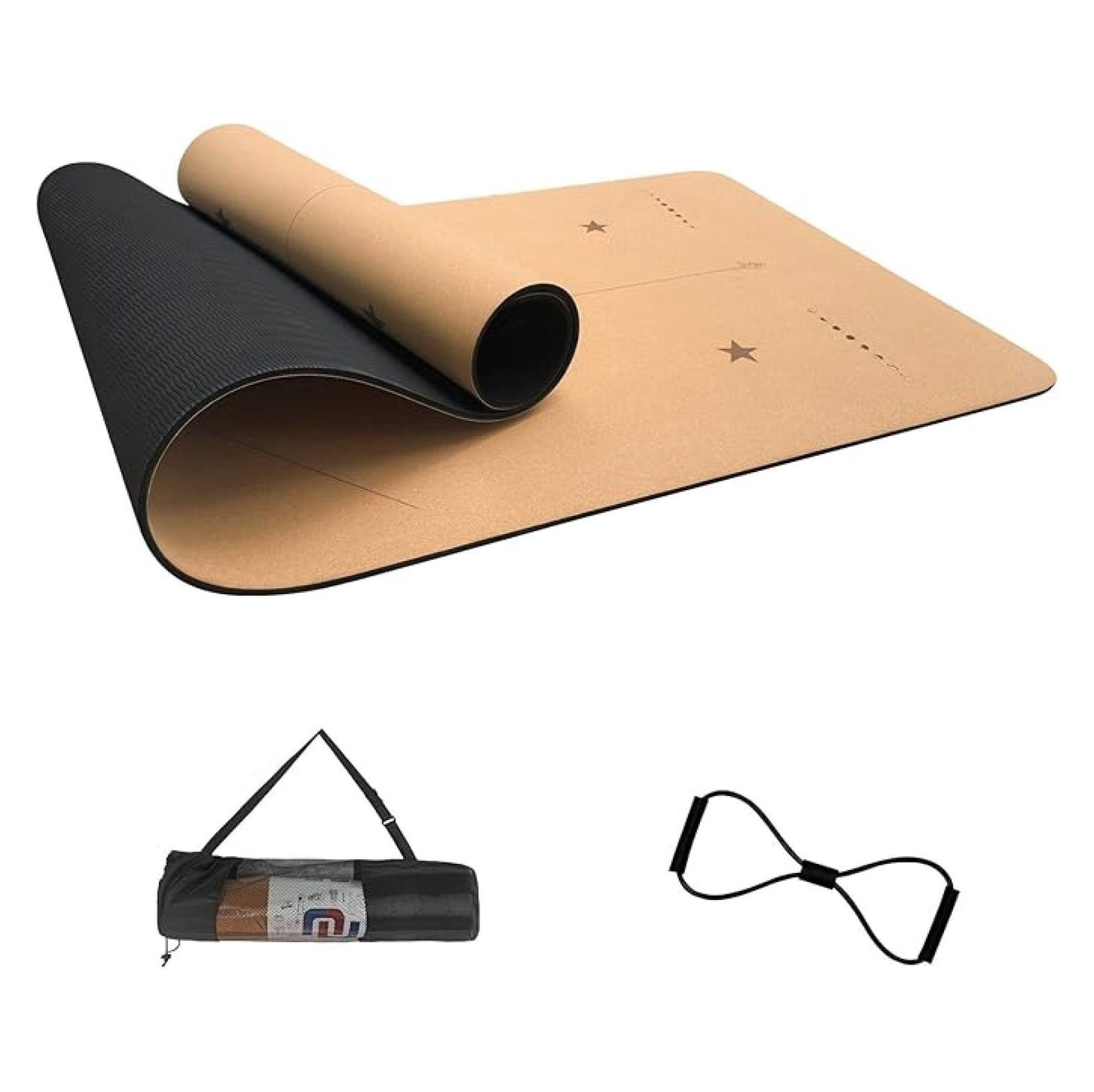 Cork Yoga Mat 6mm Thick - Non Slip Yoga Mat with Alignment Lines, Eco Friendly TPE Foam, Pilates Mat for Hot Yoga, Gym & Exercise - Includes Carrying Bag & Resistance Band
