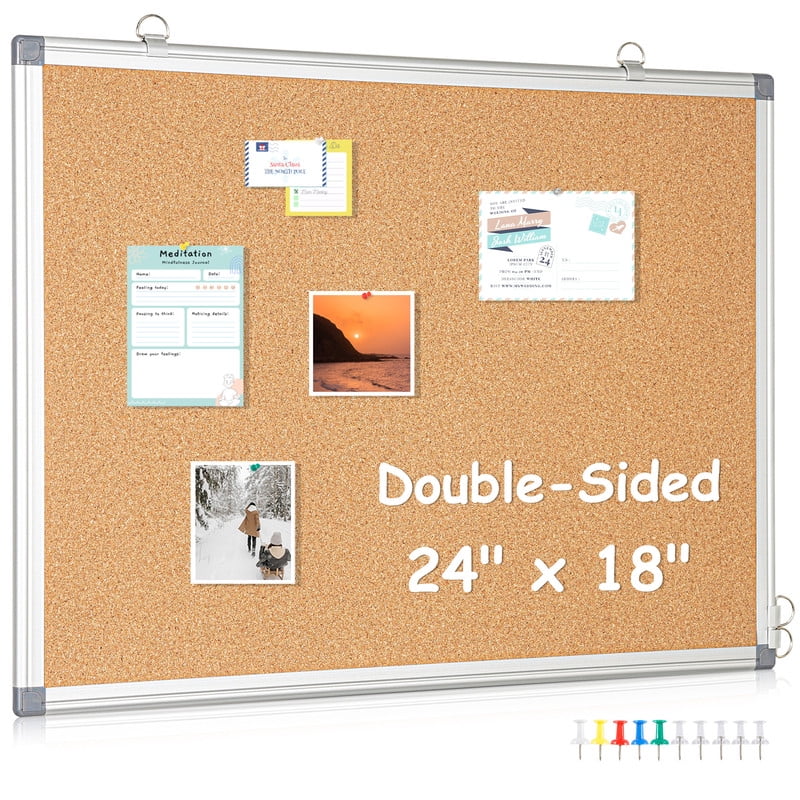 Corkboard Office Cork Board 24" x 18" Notice Bulletin Board Rectangular Cork Board with Pushpins, Wall-Mounted Message Memo Pin Board for Home Office School, Aluminum Frame