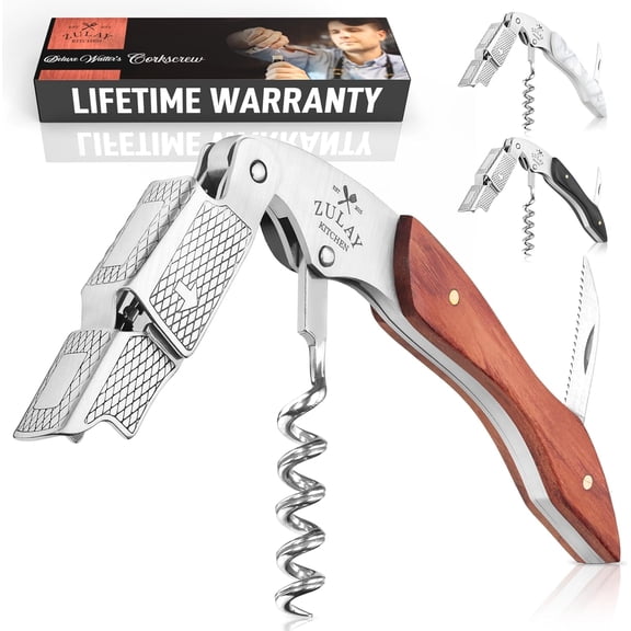Corkscrew Wine Opener - Premium 420 Stainless Steel & Rosewood Wine Bottle Opener - Double Hinged Opener with Foil Cutter & Cap Remover - Rosewood