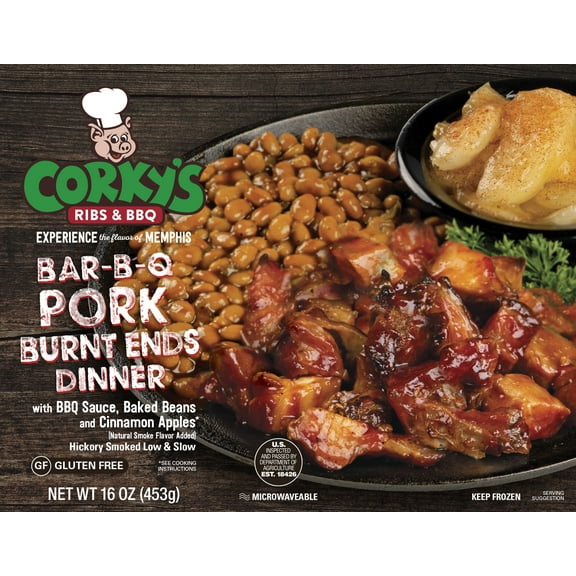 Corky's BBQ Pork Burnt Ends Dinner with Award-winning authentic Memphis Style BBQ Sauce, Baked Beans and Cinnamon Apples, single serve, 16 oz