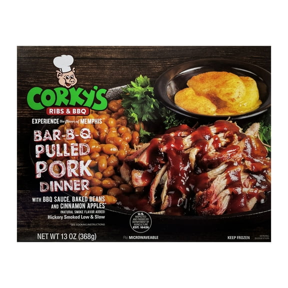 Corky's BBQ Pulled Pork Dinner with Award-winning authentic Memphis Style BBQ Sauce, Baked Beans and Cinnamon Apples, single serve, 13 oz