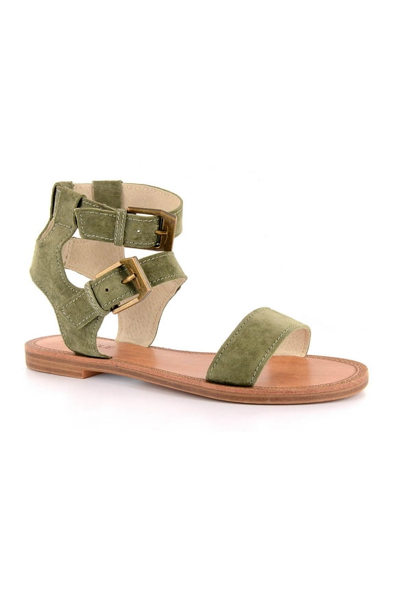 Corkys Womens Allison Faux Suede Buckle Sandal (Khaki, 8)