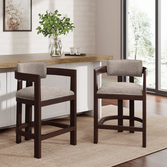 Corlas 26" Seat Height Medieval Modern Fabric Upholstered Counter Stools with Footrest, Rubber Wood Frame, Espresso+Taupe, Set of 2