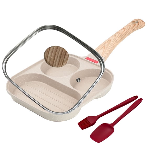 Corlekala 3-Cup Egg Pan with Lid Nonstick Egg Frying Pan Breakfast Skillet for Breakfast, Pancake, Hamburger, Burger, Sandwiches Induction Compatible White