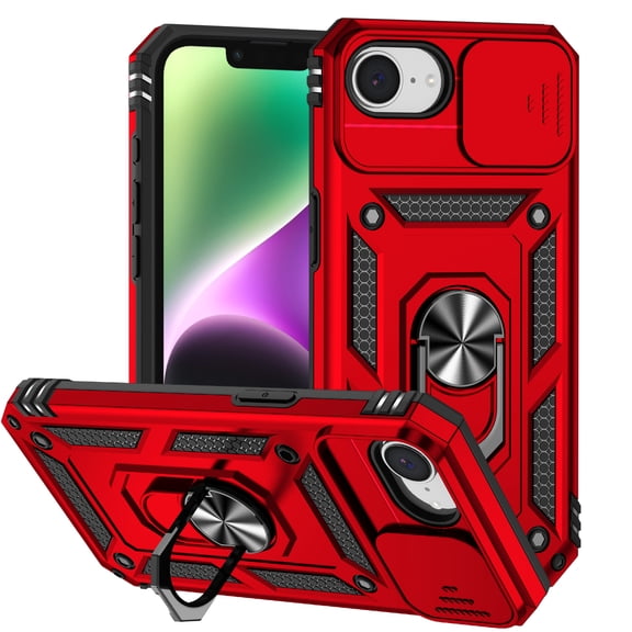 Corliven for Apple iPhone 16e Case, Heavy Duty Shockproof Phone Cover with Rotating Ring Holder Kickstand, Magnetic Car Mount Compatible, Dual Layer PC TPU, Red
