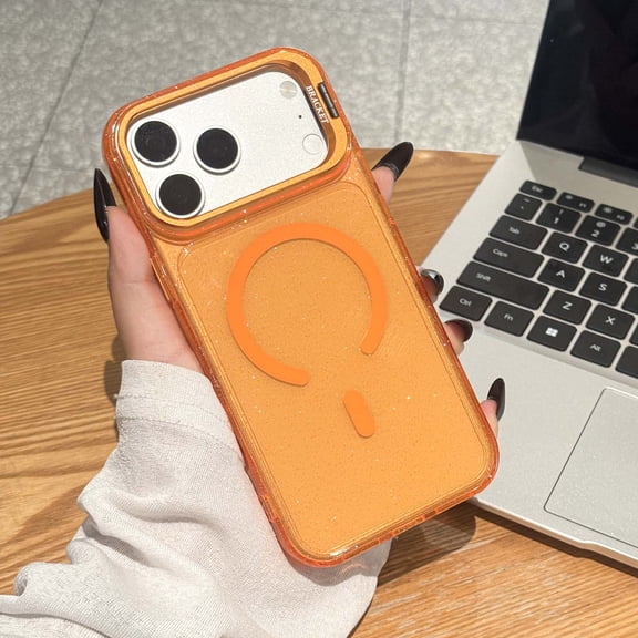 Corliven for iPhone 18 Pro Glitter Case with Kickstand, Compatible with MagSafe, Shockproof PC+TPU Protective Cover, Orange