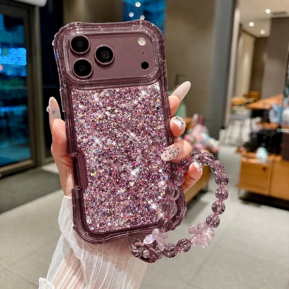 Corliven for iPhone 18 Pro Glitter Case with Wrist Strap, Shockproof PC+TPU Protective Cover, Cherryred