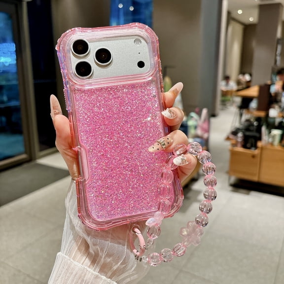 Corliven for iPhone 18 Pro Glitter Case with Wrist Strap, Shockproof PC+TPU Protective Cover, Pink