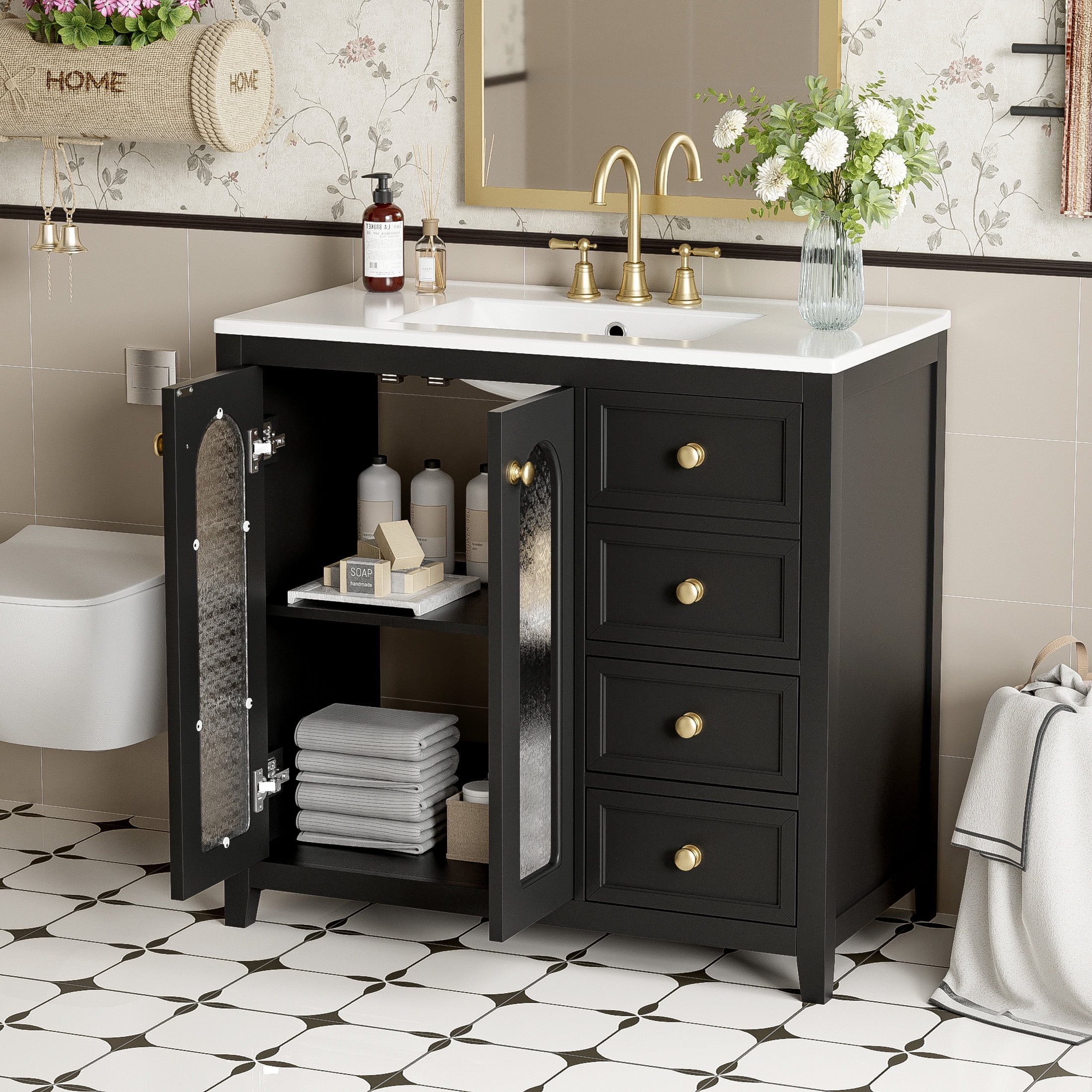 Corlix Modern Bathroom Vanity with Ceramic Sink, Shelves, Drawers, Wood, Black