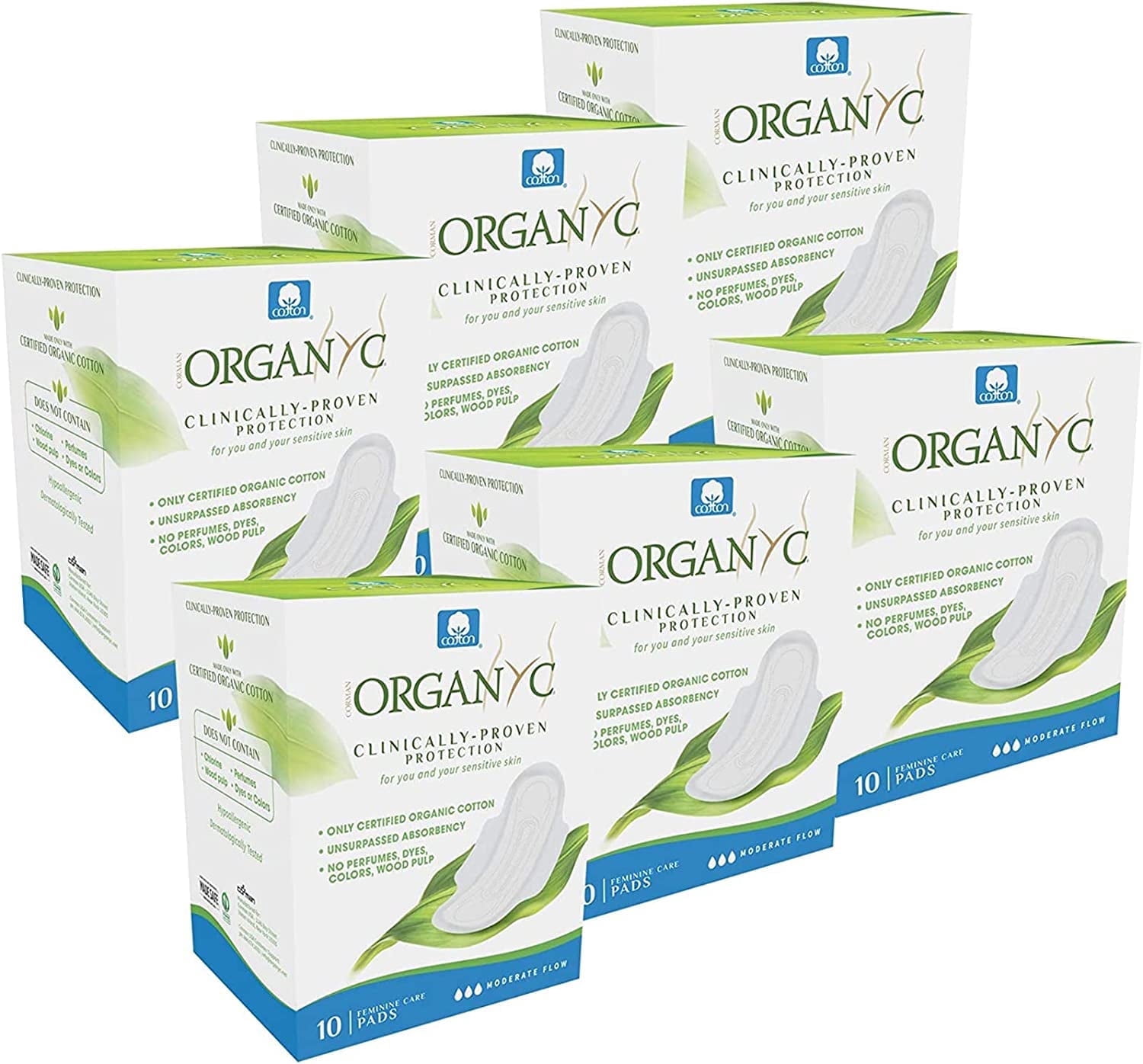 Corman Organyc Moderate Leak Protection Organic Cotton Sanitary Pads, Value Pack, 6-Pack, 60 Pads (10 Per Pack)