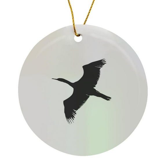 3drose, Cormorant in Flight Black Silhouette, Circle Porcelain Ornament