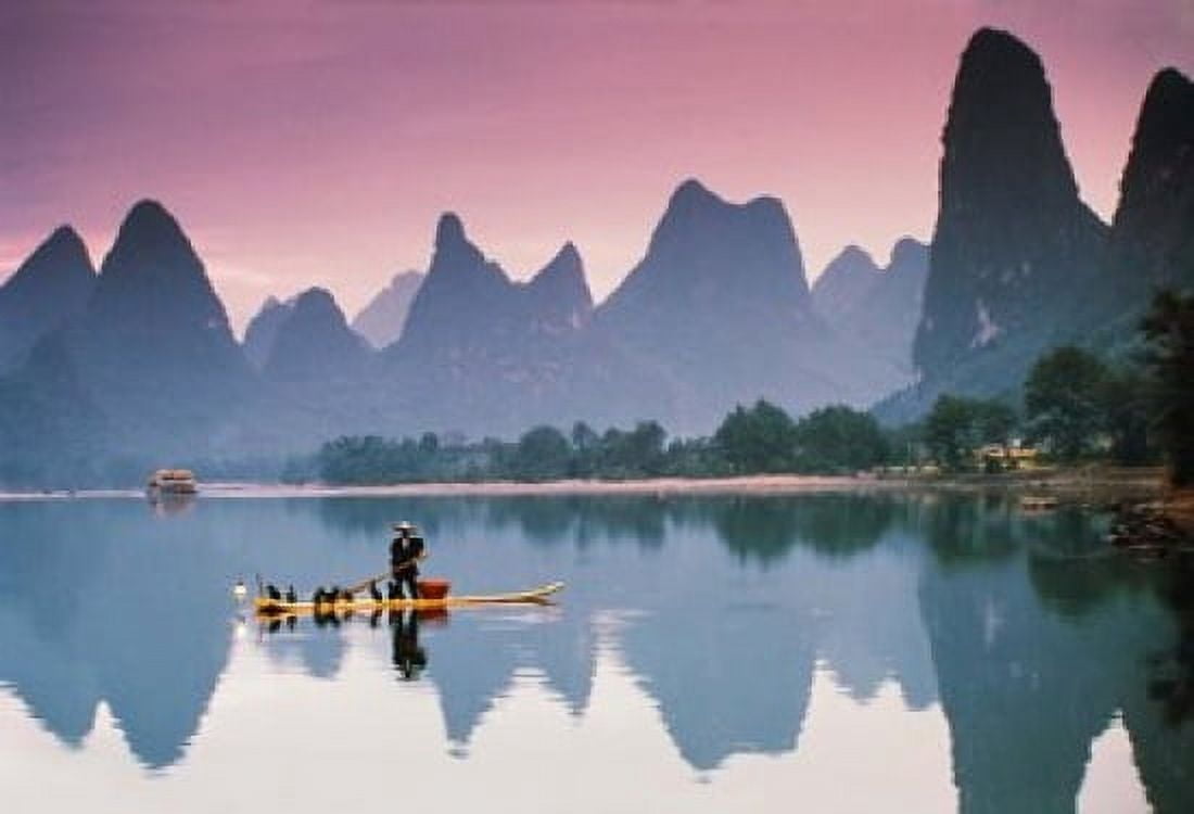 Cormorant fishing at dusk Li river Guangxi China Canvas Art - Walter Bibikow DanitaDelimont (34 x 24)
