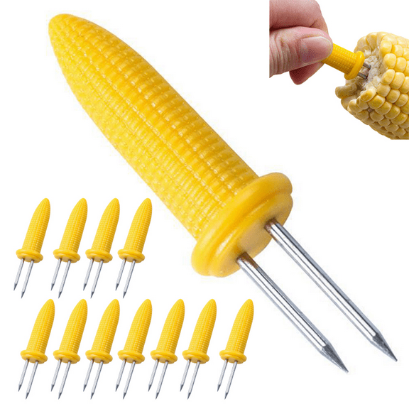 Corn on the Cob Holders Set of 12 Yellow BBQ Forks Stainless Steel Prongs Ergonomic Handles Heat Resistant Skewers for Barbecue Parties Picnics Camping Outdoor Gatherings Dishwasher Safe