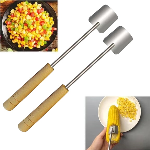 Corn Cob Peeler, 2025 New Corn Peeler for Corn on The Cob, Long Handle Corn on the Cob Remover, Stainless Steel Corn Stripping Tool, Quick Corn Peeling Tool for Kitchen, Wooden Handle (2PC)