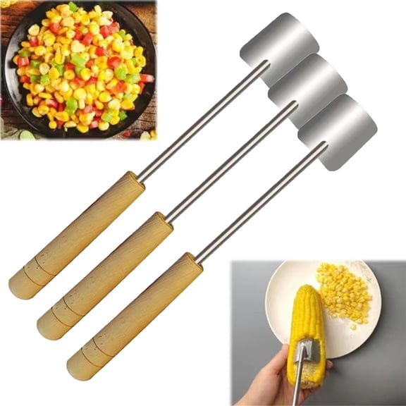 Corn Cob Peeler, 2025 New Corn Peeler for Corn on The Cob, Long Handle Corn on the Cob Remover, Stainless Steel Corn Stripping Tool, Quick Corn Peeling Tool for Kitchen, Wooden Handle (3PC)