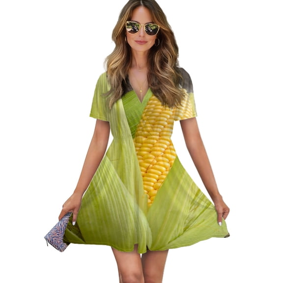 Corn Cob Women Dress V-Neck Short Sleeve Flowy Swing Party Midi Dress