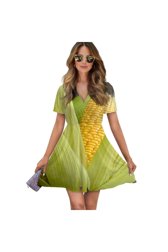 Corn Cob Women Dress V-Neck Short Sleeve Flowy Swing Party Midi Dress