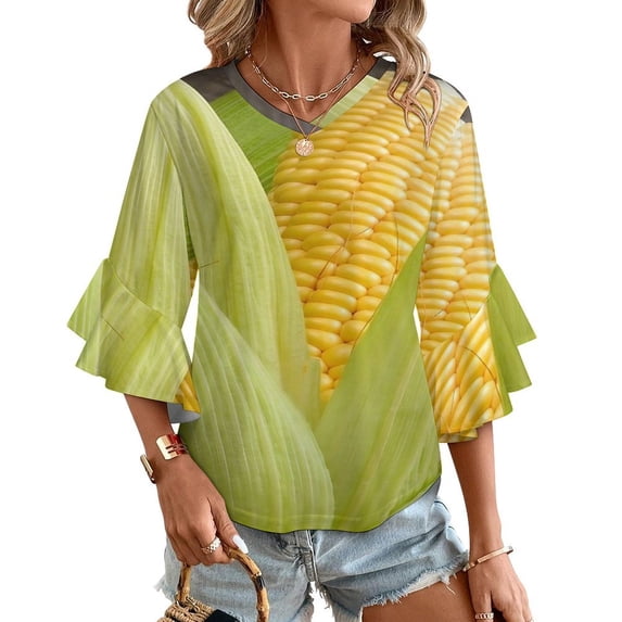Corn Cob Women's V-Neck Blouse With 3/4 Ruffled Bell Sleeves Casual Top Ladies Blouses